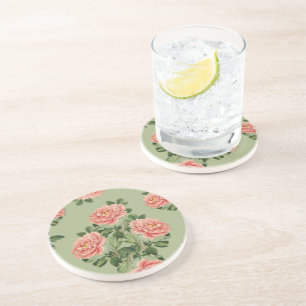 Pink Floral Pattern on Green Background   Seamless Coaster