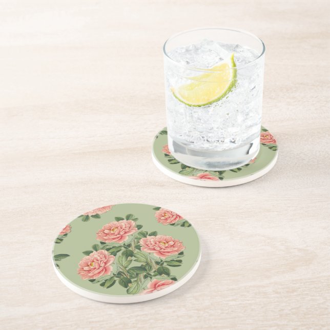 Pink Floral Pattern on Green Background | Seamless Coaster (Side)