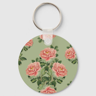 Pink Floral Pattern on Green Background Seamless Key Ring