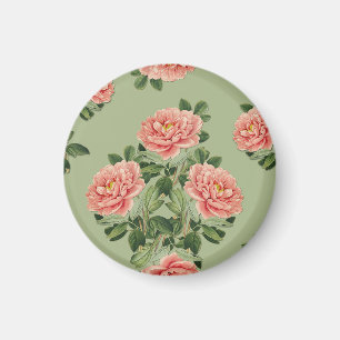 Pink Floral Pattern on Green Background Seamless Magnet
