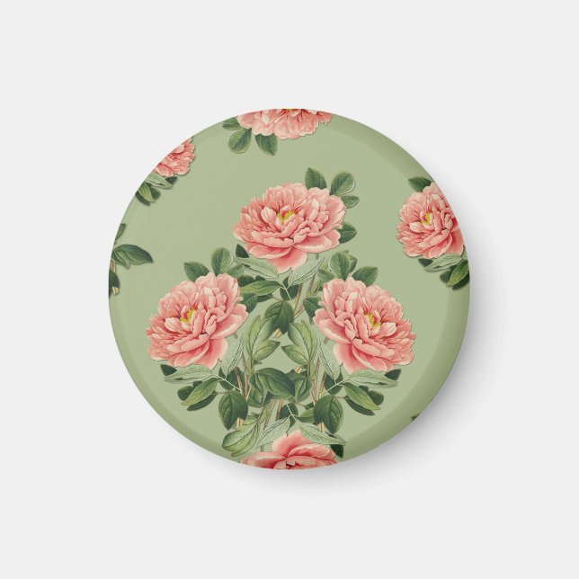Pink Floral Pattern on Green Background | Seamless Magnet (Front)
