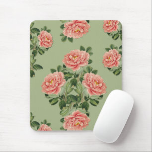 Pink Floral Pattern on Green Background Seamless Mouse Mat
