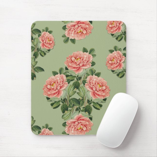 Pink Floral Pattern on Green Background | Seamless Mouse Mat (With Mouse)