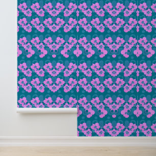 Pink Floral Pattern on Teal Background Wallpaper