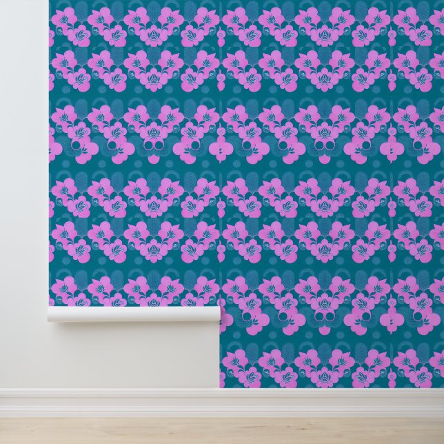 Pink Floral Pattern on Teal Background Wallpaper (Application)