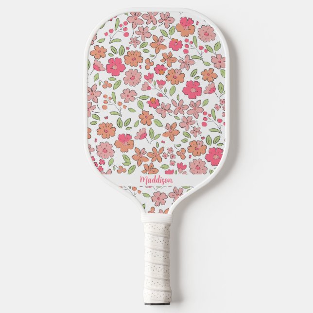 Pink Floral Pattern Personalized Name Cute Pickleball Paddle (Front)