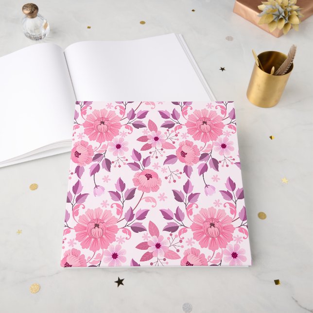 Pink Floral Pattern with Elegant Blossoms Guest Book (Front Open)