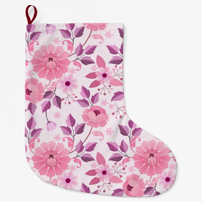 Pink Floral Pattern with Elegant Blossoms Large Christmas Stocking (Front)