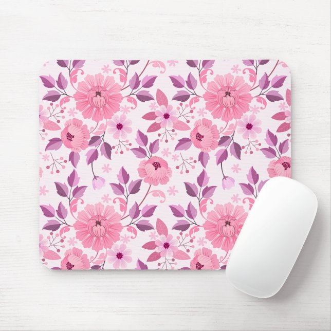 Pink Floral Pattern with Elegant Blossoms Mouse Mat (With Mouse)