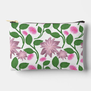 Pink floral pattern with green leaves accessory pouch