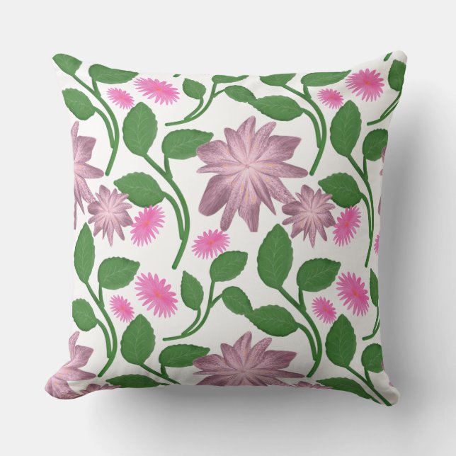 Pink floral pattern with green leaves  cushion (Front)