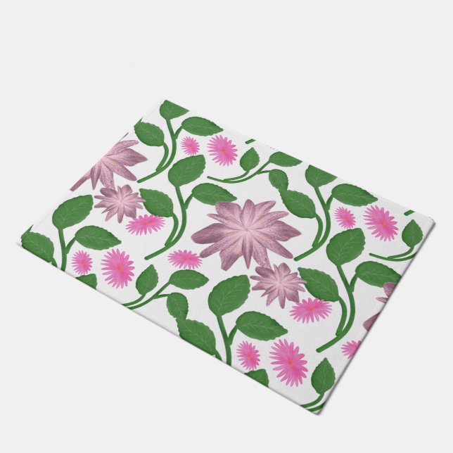 Pink floral pattern with green leaves  doormat (Angled)