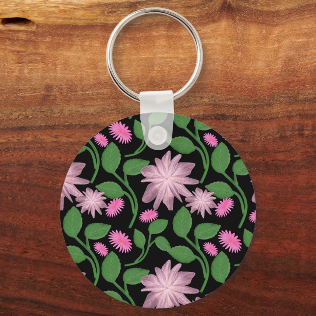 Pink floral pattern with green leaves  key ring (Front)