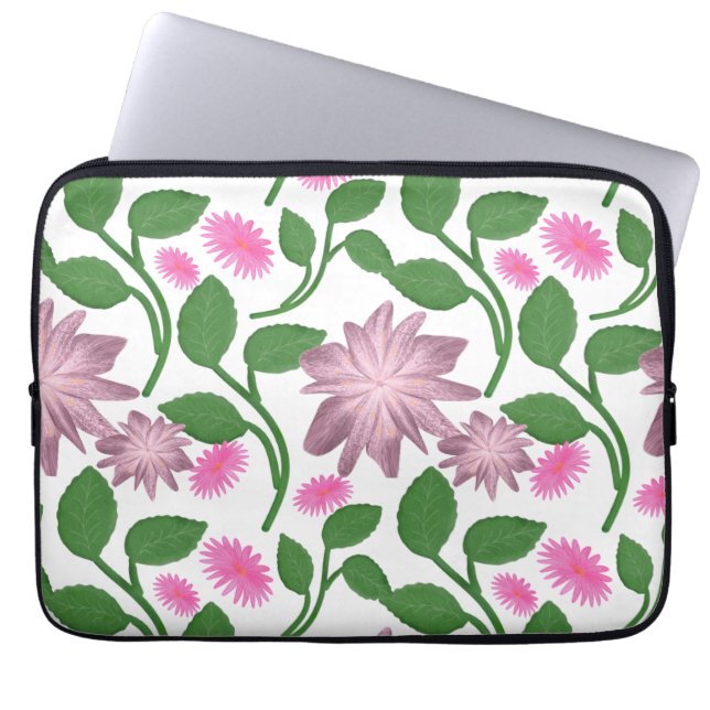 Pink floral pattern with green leaves  laptop sleeve (Front)