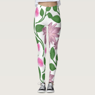 Pink floral pattern with green leaves leggings