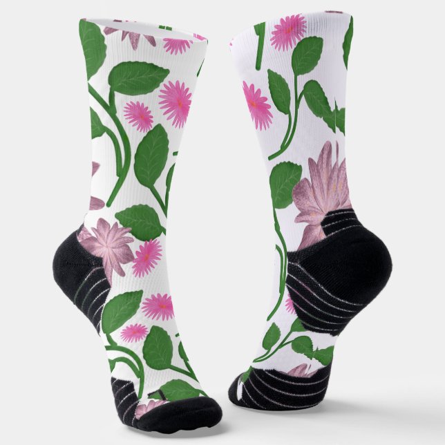 Pink floral pattern with green leaves  socks (Angled)