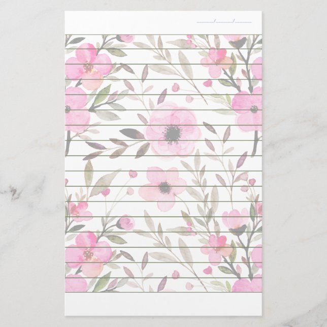 Pink Floral Pattern Writing Paper Dated Lined (Front)
