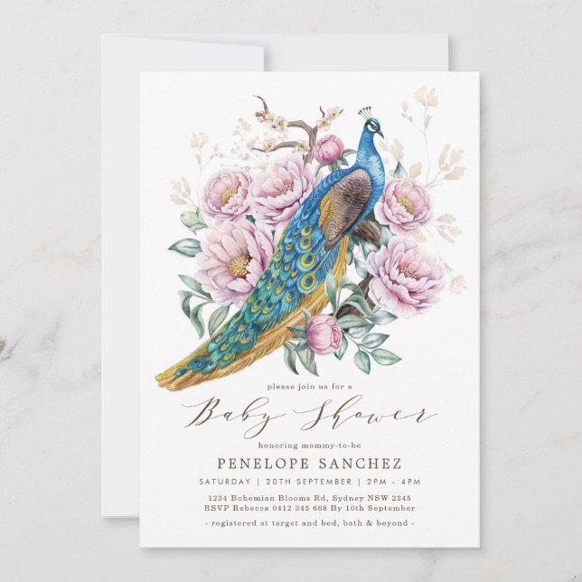 Pink Floral Peacock Chinoiserie Girl Baby Shower Invitation (Front)