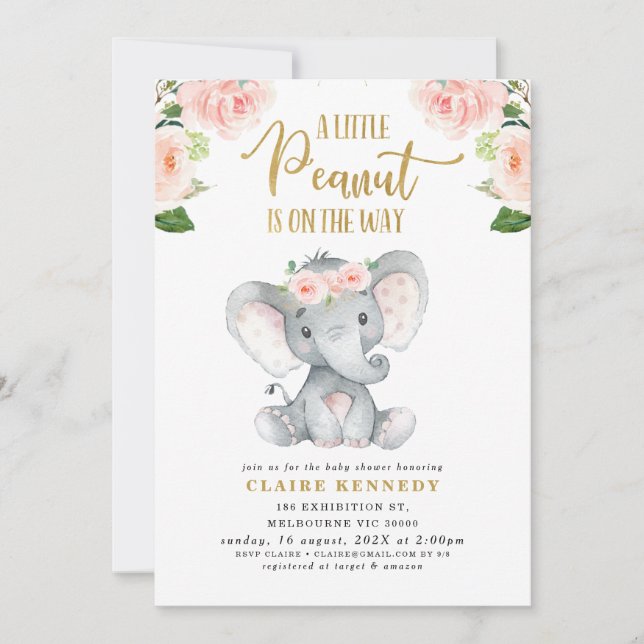 Pink Floral Peanut Elephant Baby Shower Invitation (Front)