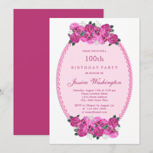 Pink Floral Pearls & Lace 100th Birthday Invitation