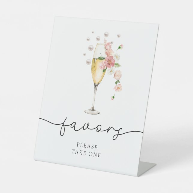 Pink Floral Pearls & Prosecco Bridal Shower Favour Pedestal Sign (Front)