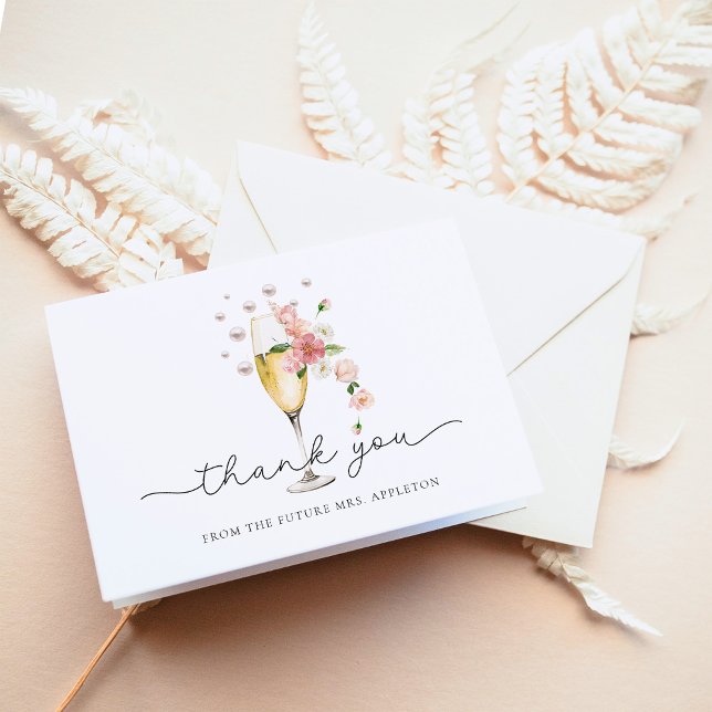 Pink Floral Pearls & Prosecco Bridal Shower Thank You Card (Creator Uploaded)
