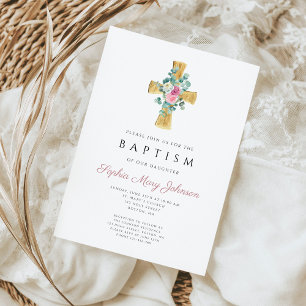 Pink Floral Peonies Cross Baptism Invitation