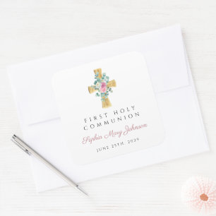 Pink Floral Peonies Cross First Communion Square Sticker