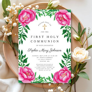 Pink Floral Peonies Religious First Communion Invitation