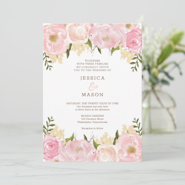 Pink Floral Peonies Wedding Invitation (Standing Front)