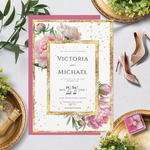 Pink Floral Peony Elegant Gold Wedding Invitation