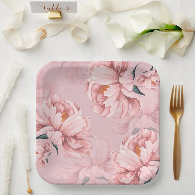 Pink floral peony flower paper plate (Wedding)