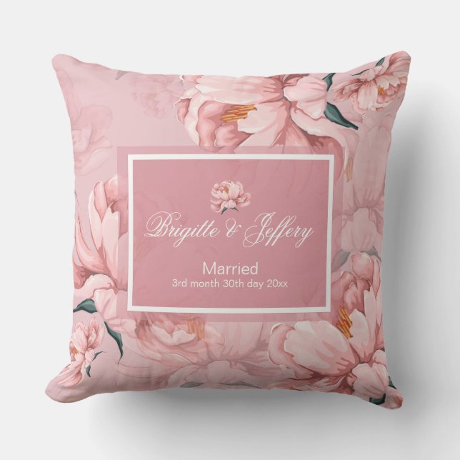 Pink floral peony flower throw pillow (Front)