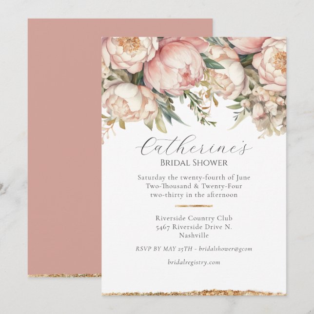 Pink Floral Peony Gold Bridal Shower Invitation (Front/Back)