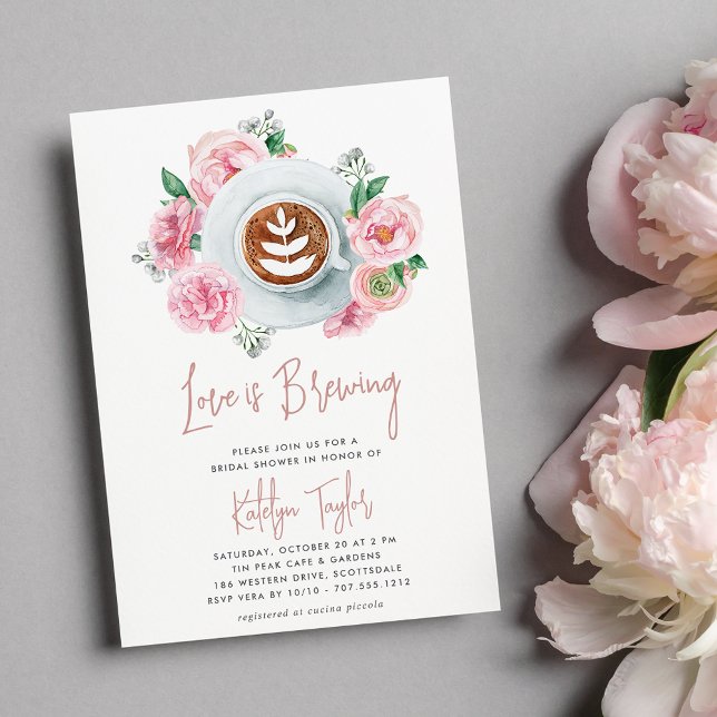 Pink Floral Peony "Love is Brewing" Bridal Brunch Invitation (Creator Uploaded)