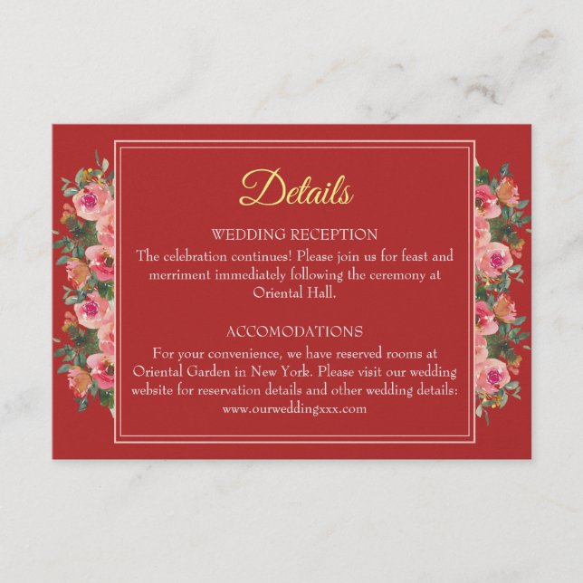 Pink floral peony modern chinese wedding details enclosure card (Front)