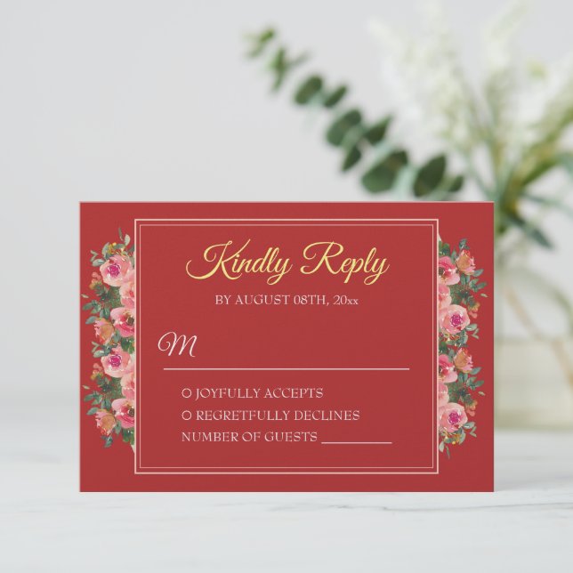 Pink floral peony red modern chinese wedding RSVP card (Standing Front)