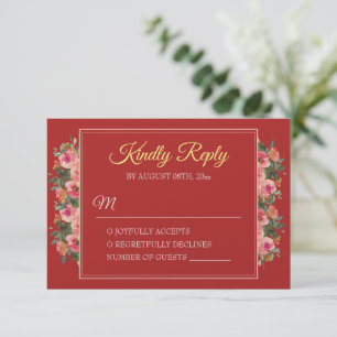 Pink floral peony red modern chinese wedding RSVP card