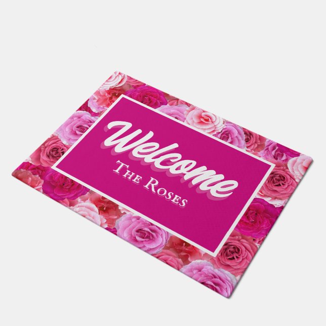 Pink Floral Personalised Entry Way Welcome Doormat (Angled)