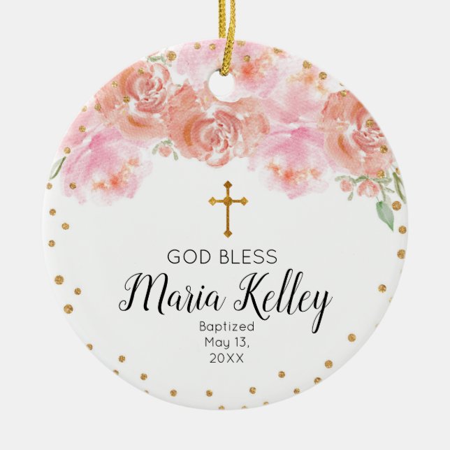 Pink Floral Personalised Girl Baptism Ornament (Front)