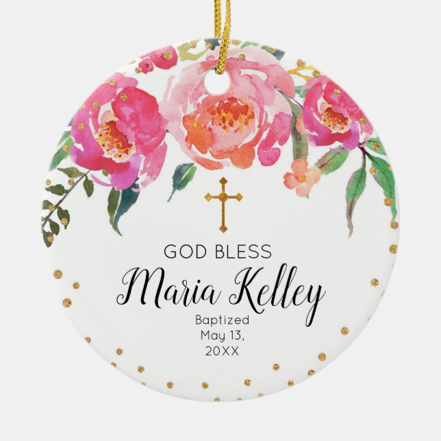Pink Floral Personalised Girl Baptism Ornament (Front)