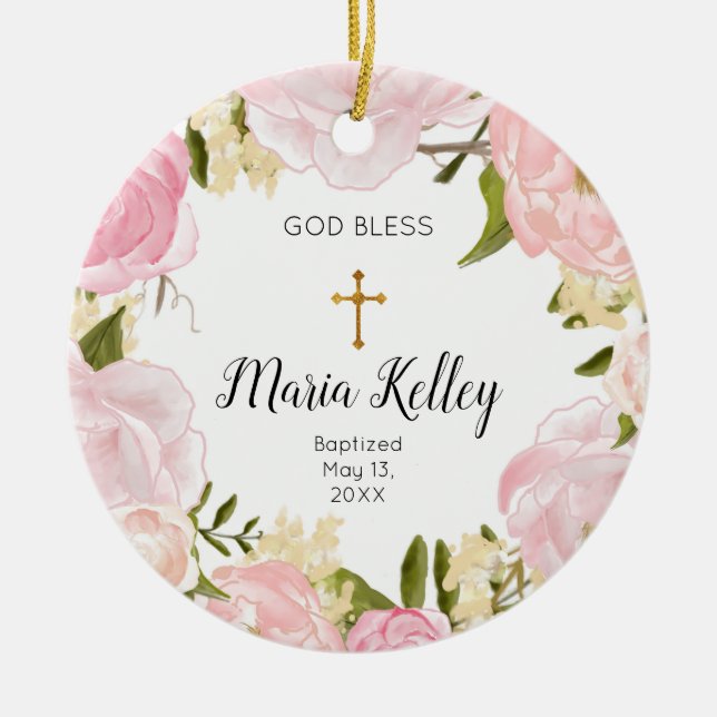 Pink Floral Personalised Girl Baptism Ornament (Front)