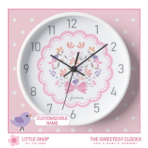 Pink Floral Personalised Girls Nursery Clock