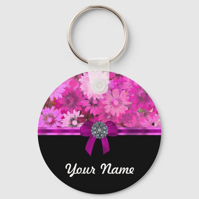 Pink floral personalised key ring (Front)