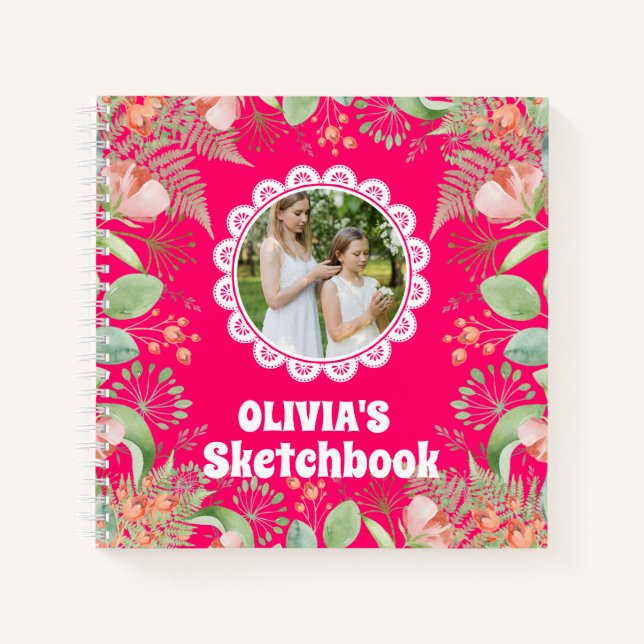 Pink Floral Personalised Kids Photo Sketchbook Notebook (Front)