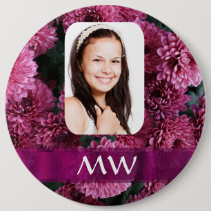 Pink floral personalised photo 6 cm round badge