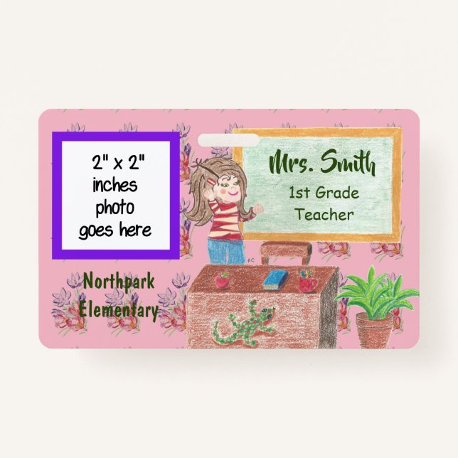 Pink floral personalised teacher badge ID badge (Front)