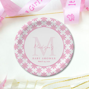 Pink Floral Personalized Baby Shower Paper Plate