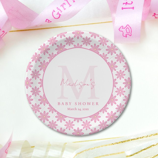 Pink Floral Personalized Baby Shower  Paper Plate (Creator Uploaded)
