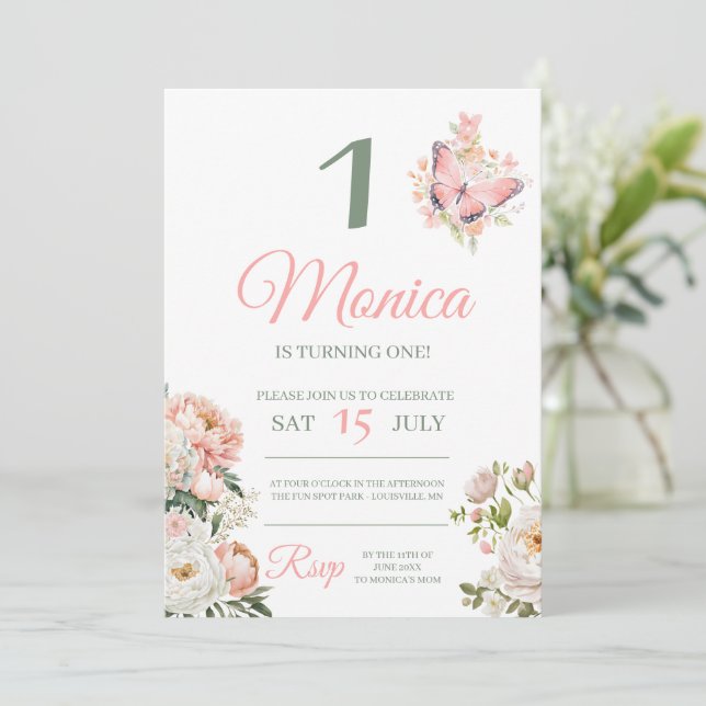 Pink floral personalized birthday party invitation (Standing Front)